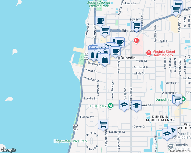 map of restaurants, bars, coffee shops, grocery stores, and more near 617 Broadway in Dunedin