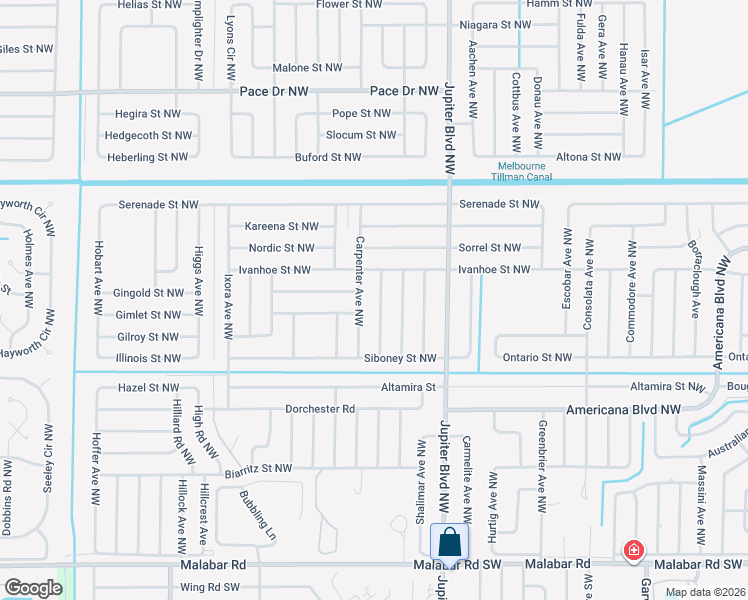map of restaurants, bars, coffee shops, grocery stores, and more near 482 Grenadier Avenue Northwest in Palm Bay