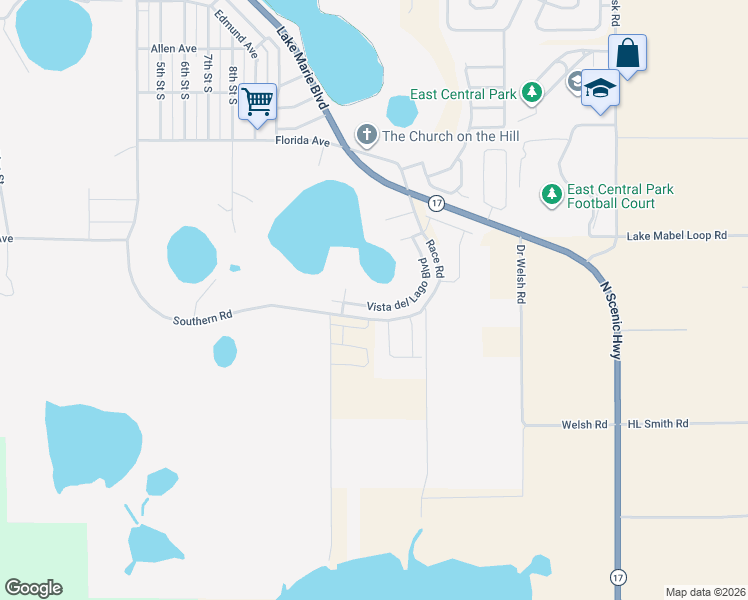 map of restaurants, bars, coffee shops, grocery stores, and more near 1311 Vista del Lago Boulevard in Dundee