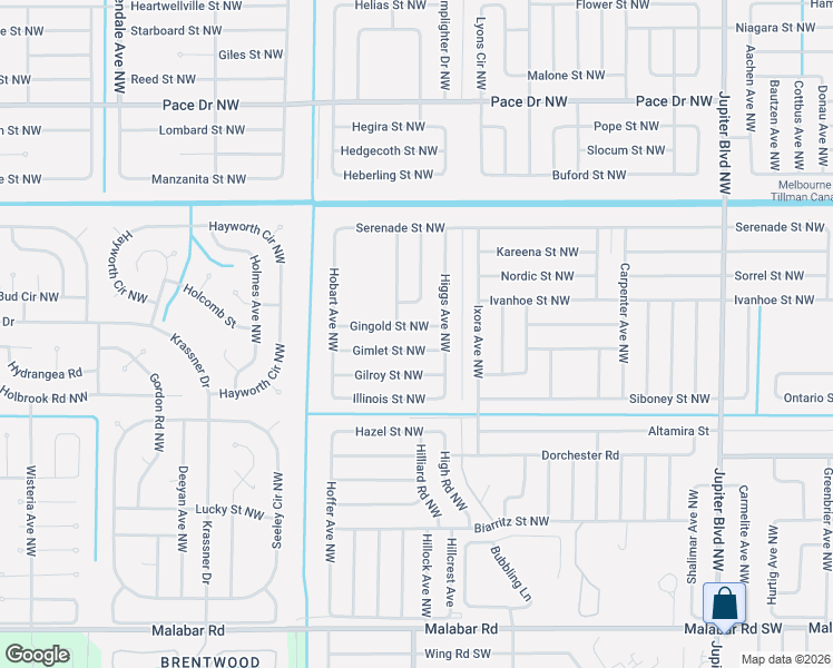 map of restaurants, bars, coffee shops, grocery stores, and more near 1265 Gingold Street Northwest in Palm Bay