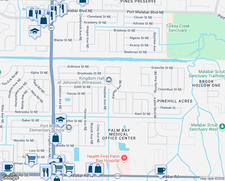 map of restaurants, bars, coffee shops, grocery stores, and more near 2001 Fallon Boulevard Northeast in Palm Bay