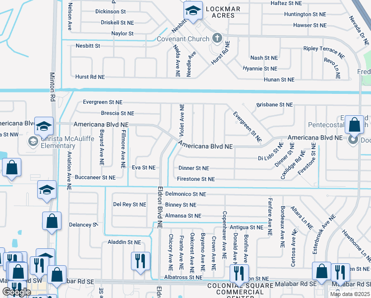 map of restaurants, bars, coffee shops, grocery stores, and more near 498 Brighton Avenue Northeast in Palm Bay
