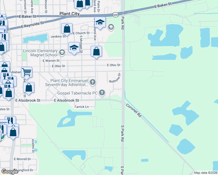 map of restaurants, bars, coffee shops, grocery stores, and more near 1803 Bethune Drive in Plant City