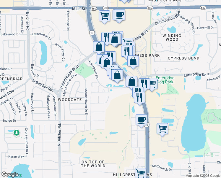 map of restaurants, bars, coffee shops, grocery stores, and more near 2451 Enterprise Road in Clearwater
