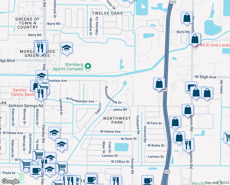 map of restaurants, bars, coffee shops, grocery stores, and more near 6724 Forrestvale Lane in Tampa