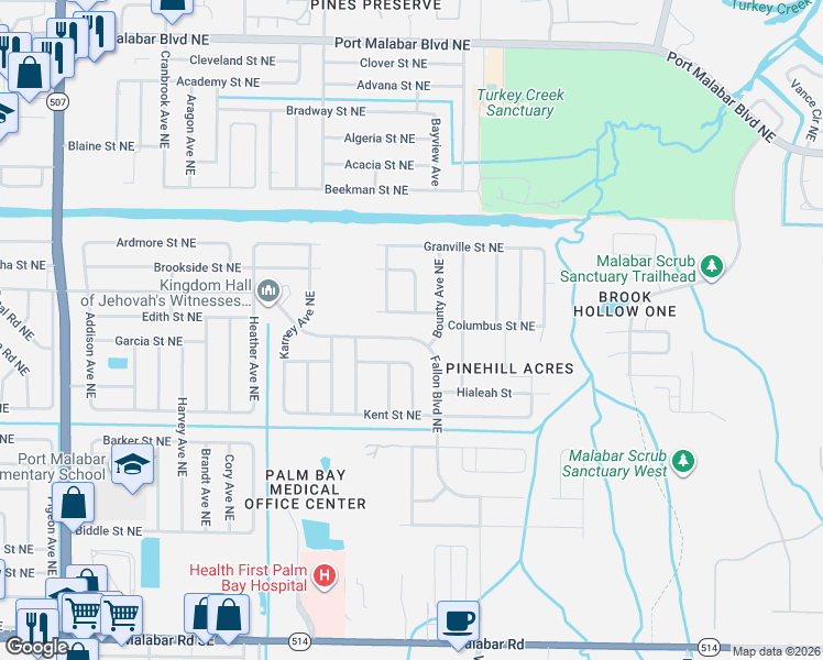 map of restaurants, bars, coffee shops, grocery stores, and more near 2162 Dickens Street Northeast in Palm Bay