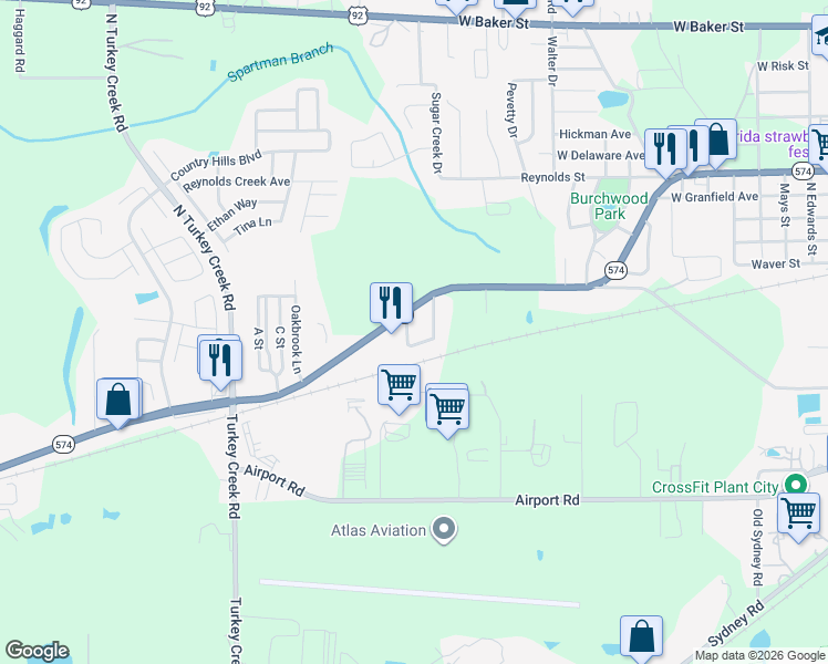 map of restaurants, bars, coffee shops, grocery stores, and more near 4002 Florida 574 in Plant City