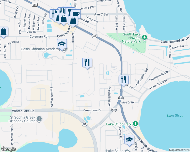 map of restaurants, bars, coffee shops, grocery stores, and more near 260 Kings Pond Avenue in Winter Haven