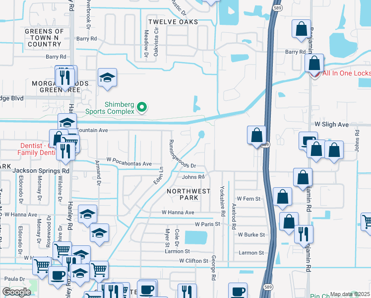 map of restaurants, bars, coffee shops, grocery stores, and more near 6724 Forrestvale Lane in Tampa