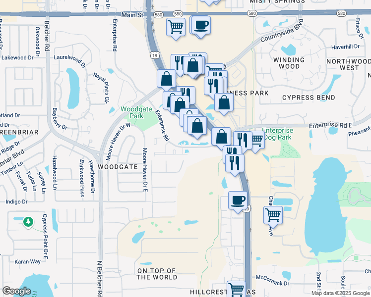 map of restaurants, bars, coffee shops, grocery stores, and more near 2451 Enterprise Road in Clearwater
