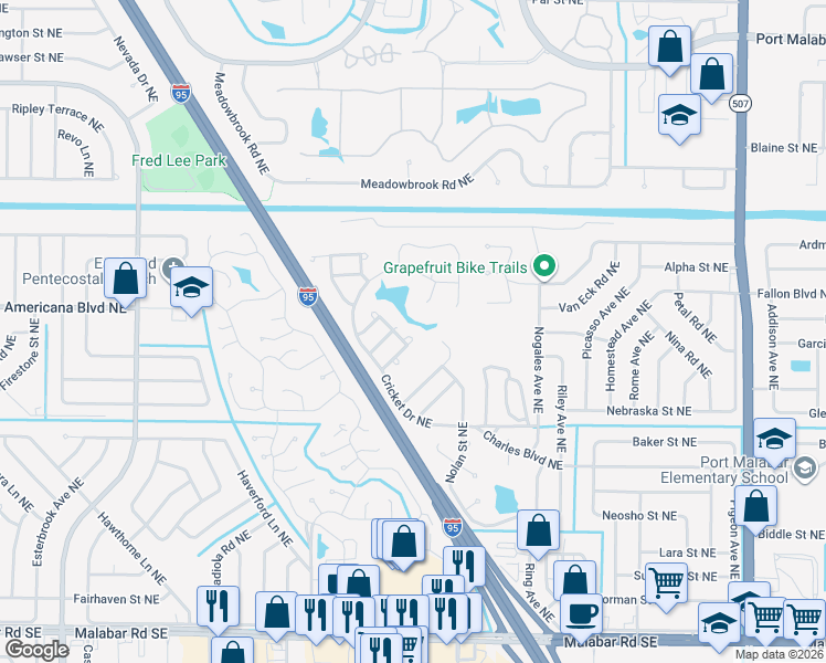 map of restaurants, bars, coffee shops, grocery stores, and more near 1239 Linmoor Circle Northeast in Palm Bay