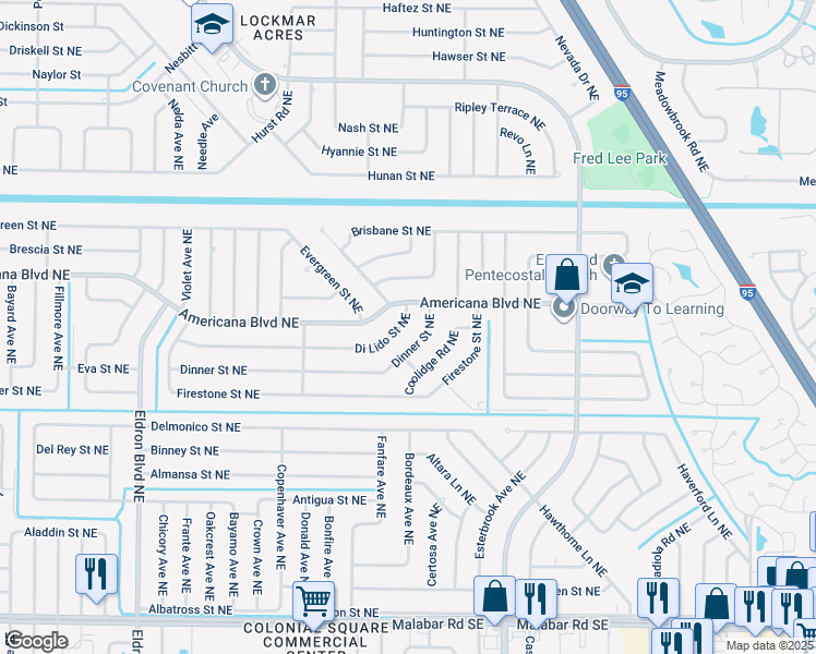 map of restaurants, bars, coffee shops, grocery stores, and more near 736 Di Lido Street Northeast in Palm Bay