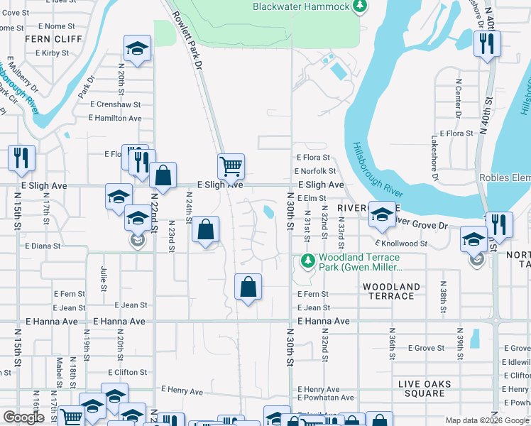 map of restaurants, bars, coffee shops, grocery stores, and more near 6519 Diana Court in Tampa