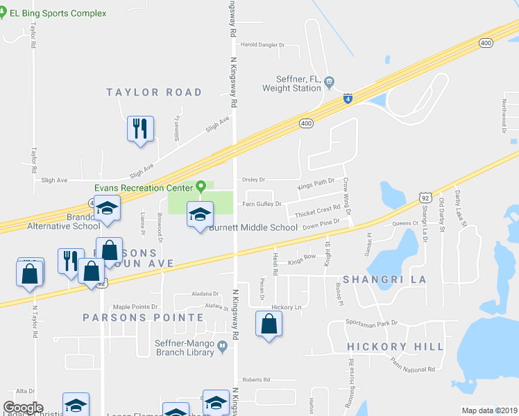 map of restaurants, bars, coffee shops, grocery stores, and more near 209 Fern Gulley Drive in Seffner