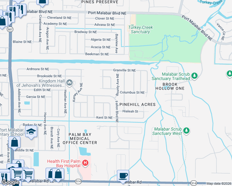 map of restaurants, bars, coffee shops, grocery stores, and more near 2105 Columbus Street Northeast in Palm Bay