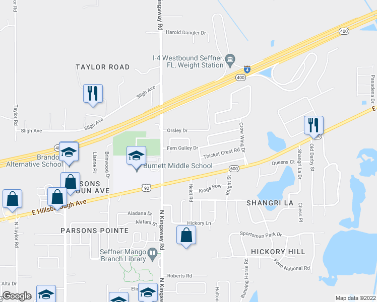 map of restaurants, bars, coffee shops, grocery stores, and more near 219 Fern Gulley Drive in Seffner