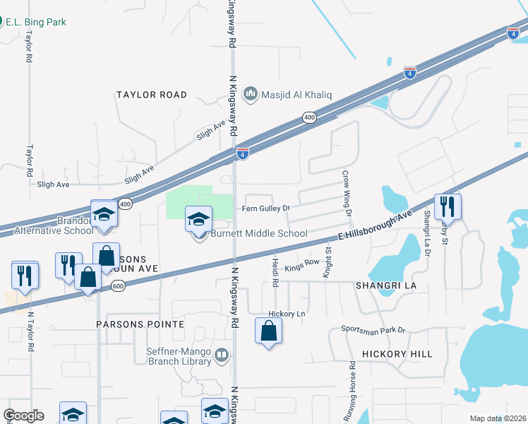 map of restaurants, bars, coffee shops, grocery stores, and more near 213 Fern Gulley Drive in Seffner