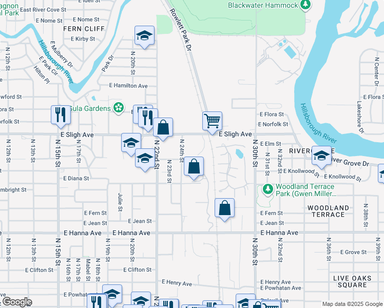 map of restaurants, bars, coffee shops, grocery stores, and more near 6709 North 24th Street in Tampa