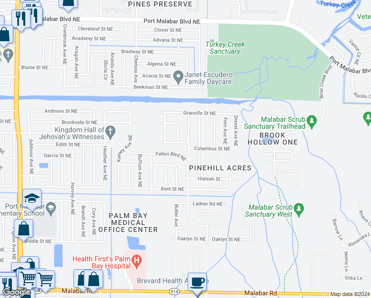 map of restaurants, bars, coffee shops, grocery stores, and more near 2105 Columbus Street Northeast in Palm Bay