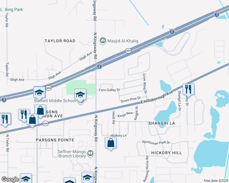 map of restaurants, bars, coffee shops, grocery stores, and more near 223 Fern Gulley Drive in Seffner