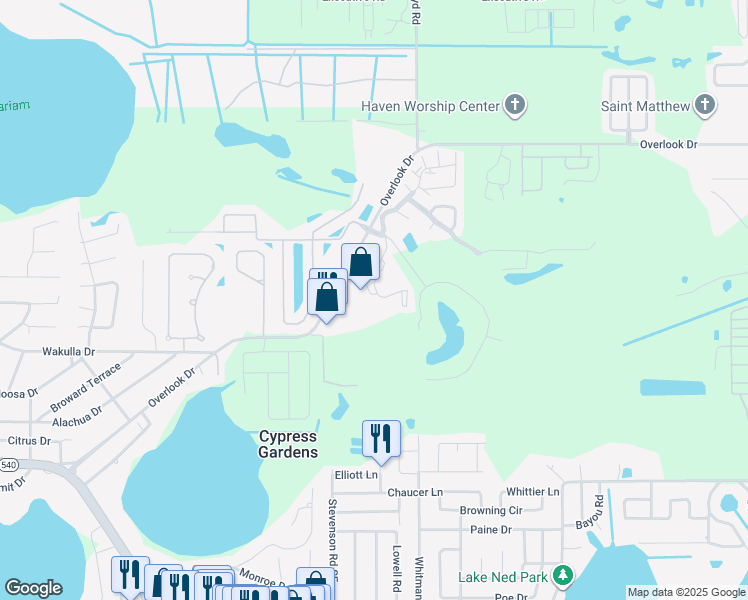 map of restaurants, bars, coffee shops, grocery stores, and more near 800 Martinique Drive in Winter Haven