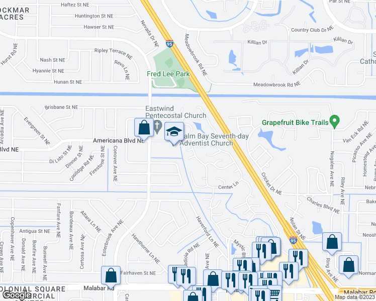 map of restaurants, bars, coffee shops, grocery stores, and more near 1001 Willow Court Northeast in Palm Bay