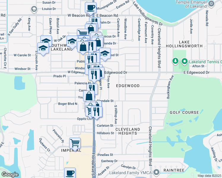map of restaurants, bars, coffee shops, grocery stores, and more near 225 East Edgewood Drive in Lakeland