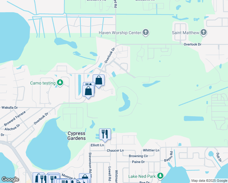 map of restaurants, bars, coffee shops, grocery stores, and more near 400 El Camino Drive in Winter Haven