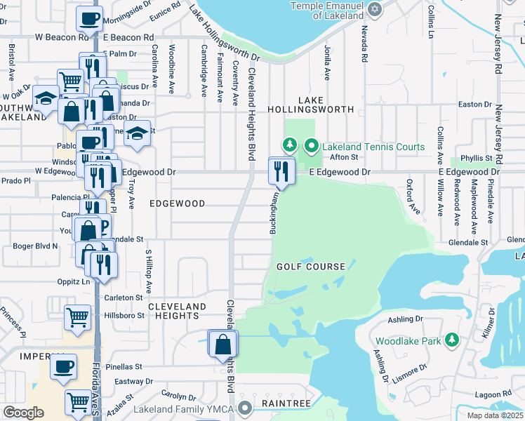 map of restaurants, bars, coffee shops, grocery stores, and more near 3007 Buckingham Avenue in Lakeland