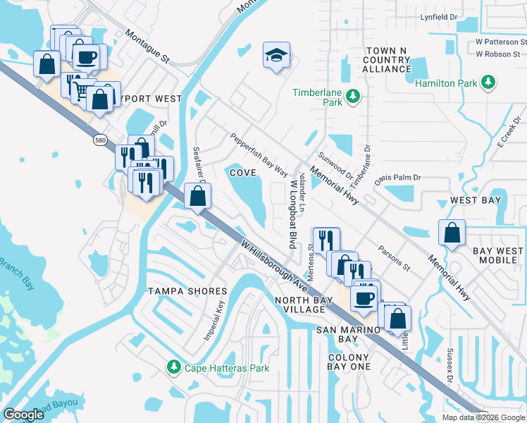 map of restaurants, bars, coffee shops, grocery stores, and more near 6606 Ranger Drive in Tampa