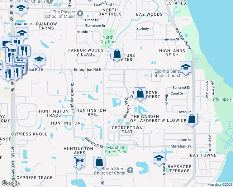 map of restaurants, bars, coffee shops, grocery stores, and more near 2364 Newburg Lane in Safety Harbor