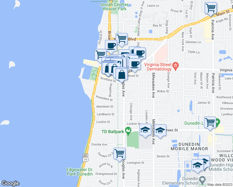 map of restaurants, bars, coffee shops, grocery stores, and more near 639 Broadway in Dunedin