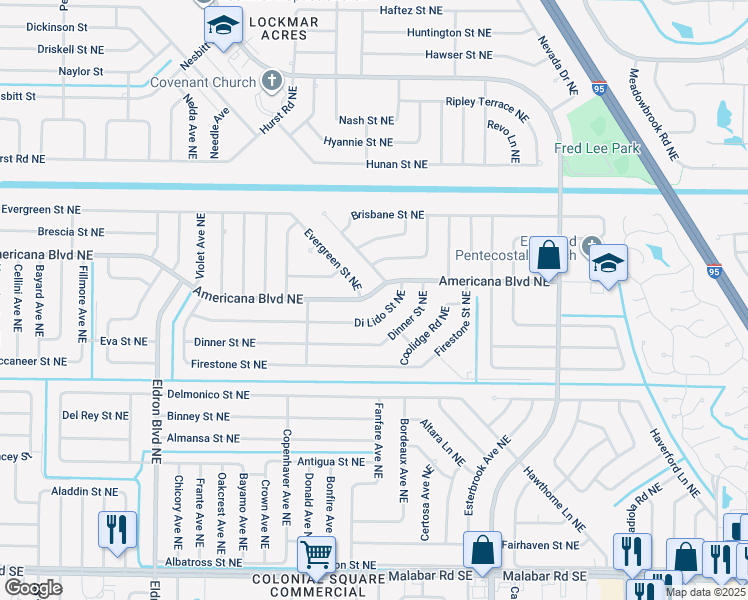 map of restaurants, bars, coffee shops, grocery stores, and more near 674 Americana Boulevard Northeast in Palm Bay