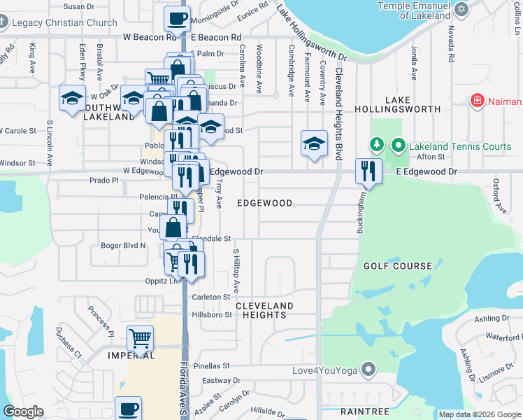 map of restaurants, bars, coffee shops, grocery stores, and more near 500 Kensington Street in Lakeland
