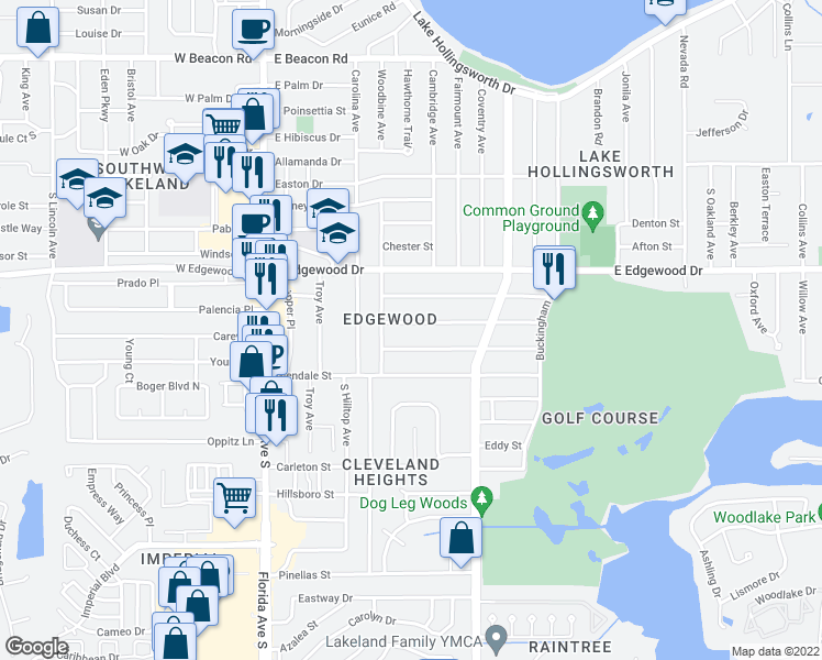 map of restaurants, bars, coffee shops, grocery stores, and more near 615 Kensington Street in Lakeland