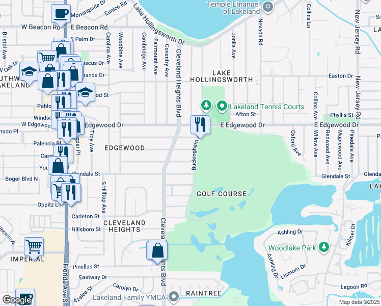 map of restaurants, bars, coffee shops, grocery stores, and more near 3007 Buckingham Avenue in Lakeland