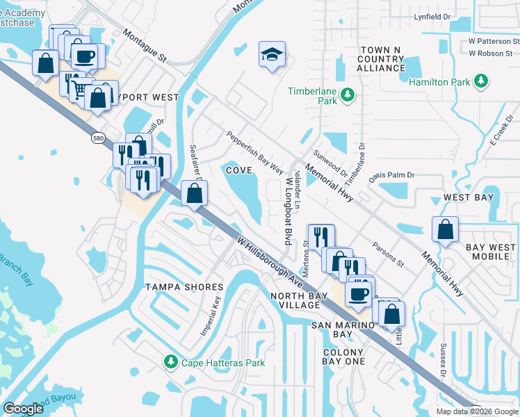 map of restaurants, bars, coffee shops, grocery stores, and more near 6606 Ranger Drive in Tampa