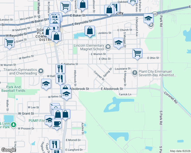 map of restaurants, bars, coffee shops, grocery stores, and more near 623 Coronet Street in Plant City