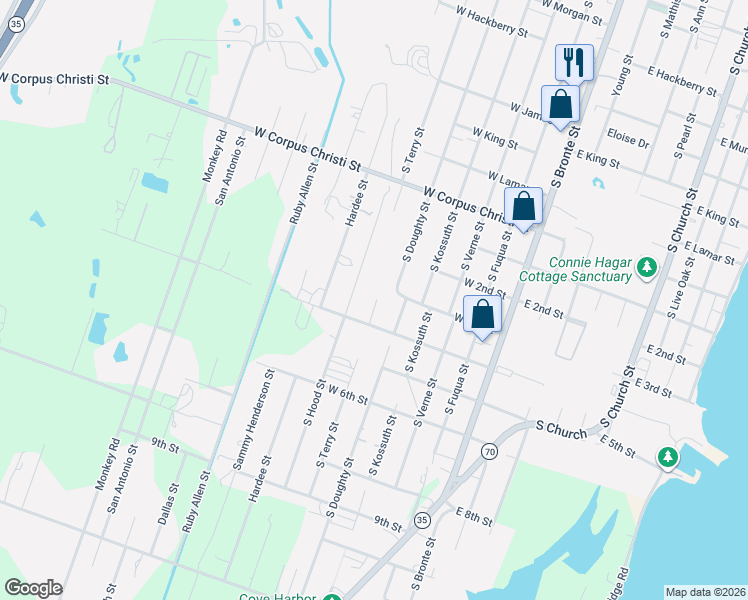 map of restaurants, bars, coffee shops, grocery stores, and more near 1203 South Terry Street in Rockport