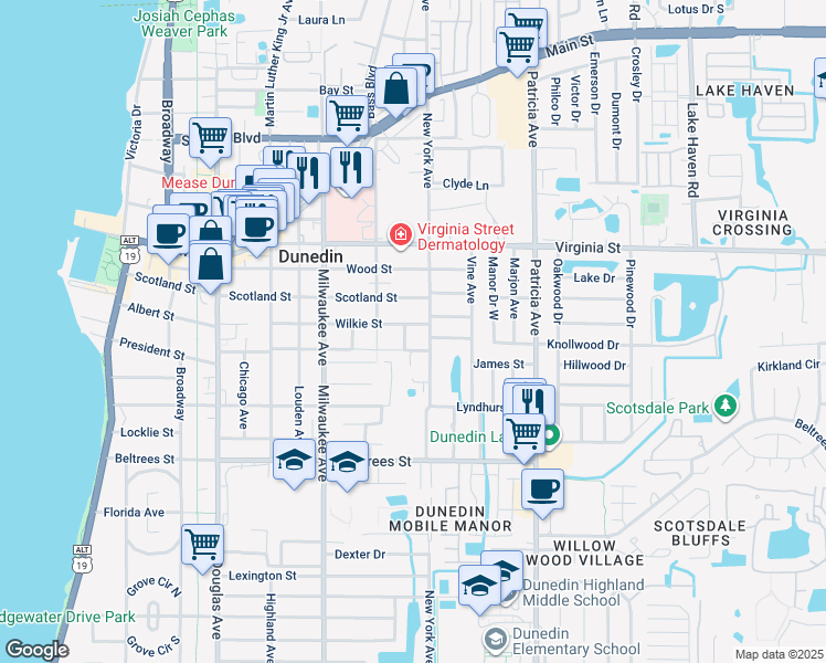 map of restaurants, bars, coffee shops, grocery stores, and more near 741 Wilkie Street in Dunedin