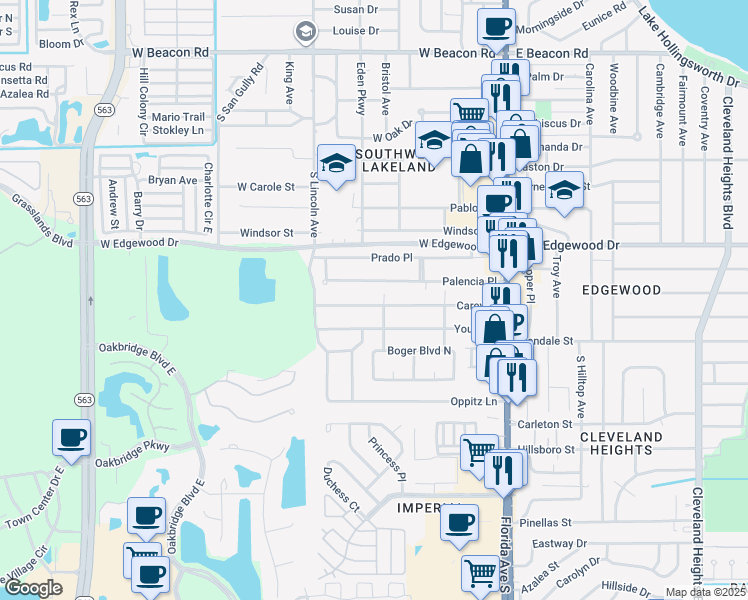 map of restaurants, bars, coffee shops, grocery stores, and more near 552 Palencia Place in Lakeland
