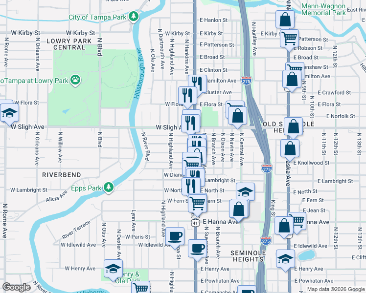 map of restaurants, bars, coffee shops, grocery stores, and more near 117 West Hiawatha Street in Tampa