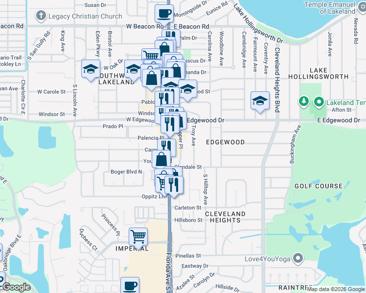 map of restaurants, bars, coffee shops, grocery stores, and more near 3010 Skipper Place in Lakeland