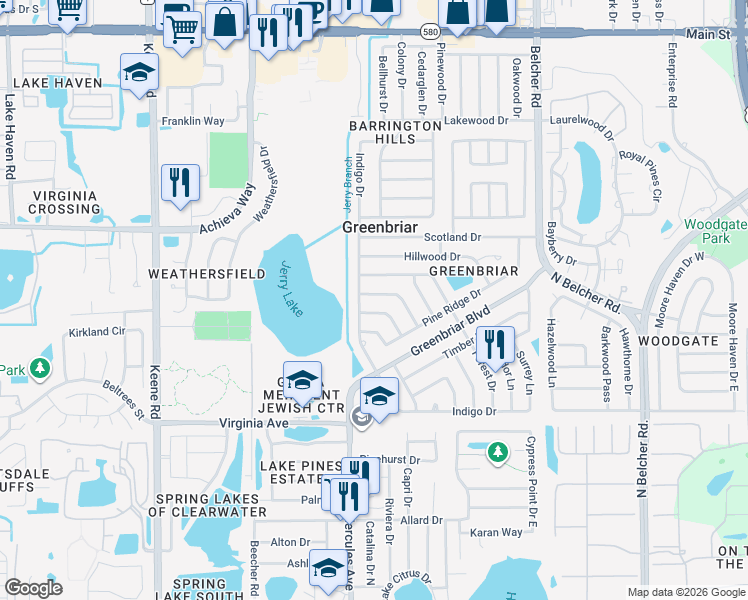 map of restaurants, bars, coffee shops, grocery stores, and more near 2026 High Ridge Drive in Clearwater