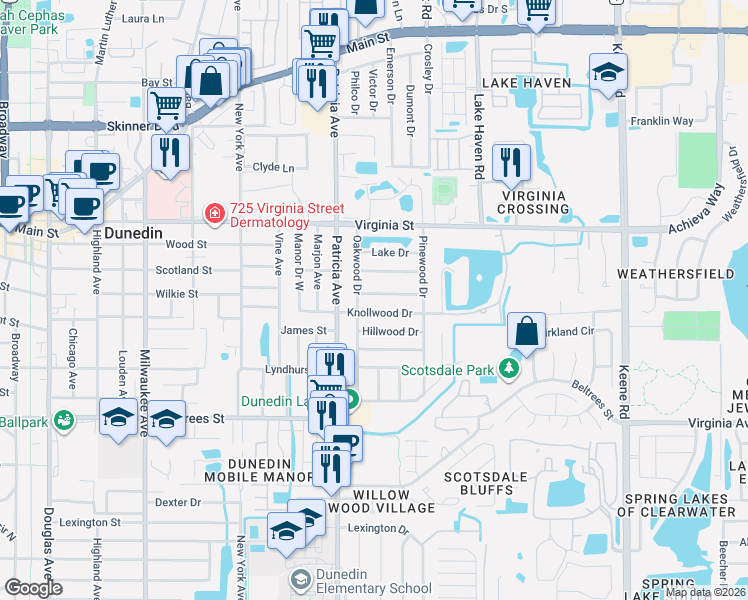 map of restaurants, bars, coffee shops, grocery stores, and more near 927 Parkwood Drive in Dunedin