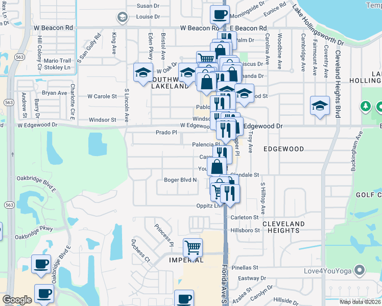map of restaurants, bars, coffee shops, grocery stores, and more near 313 Carey Place in Lakeland