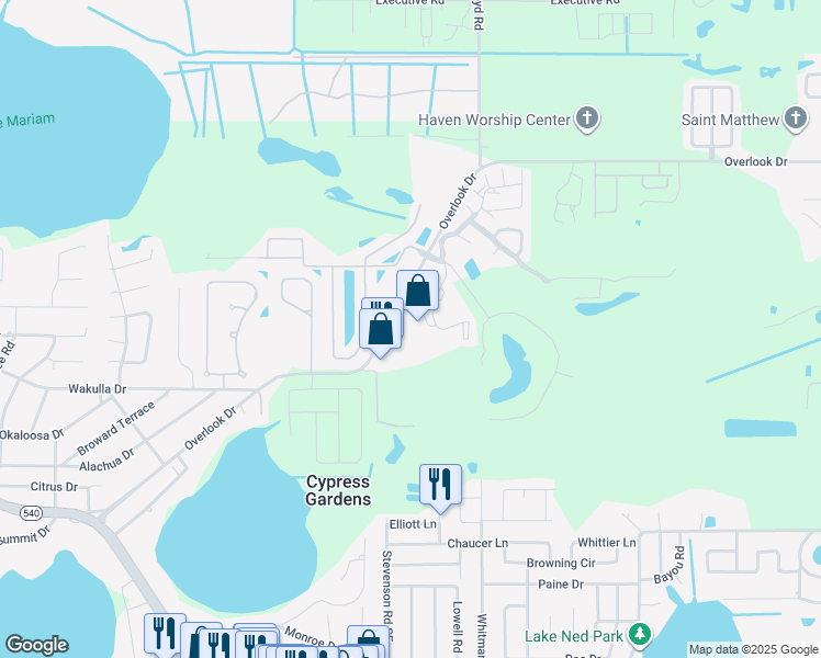 map of restaurants, bars, coffee shops, grocery stores, and more near 800 Martinique Drive in Winter Haven