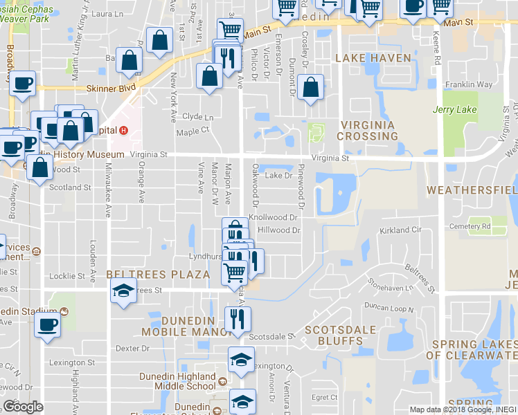 map of restaurants, bars, coffee shops, grocery stores, and more near 689 Oakwood Drive in Dunedin