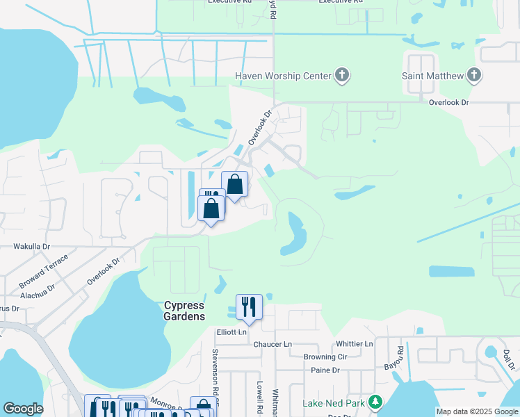 map of restaurants, bars, coffee shops, grocery stores, and more near 400 El Camino Drive in Winter Haven
