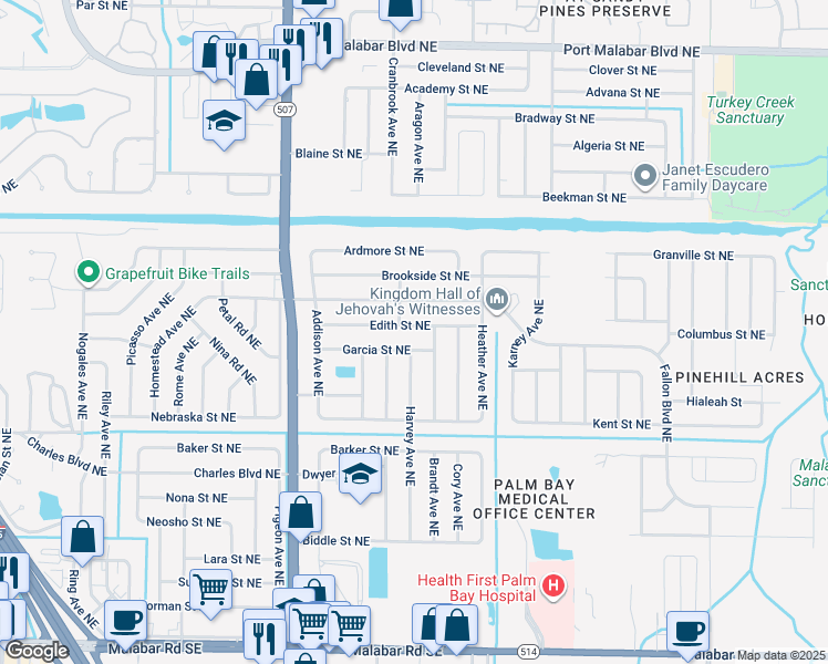map of restaurants, bars, coffee shops, grocery stores, and more near 1856 Edith Street Northeast in Palm Bay